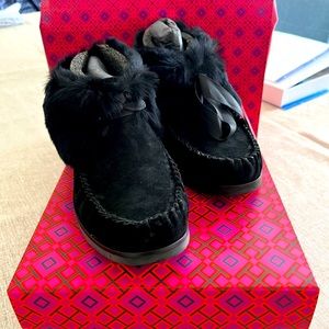 New in box! Tory Burch Aberdeen black suede slipper booties. Size 9B